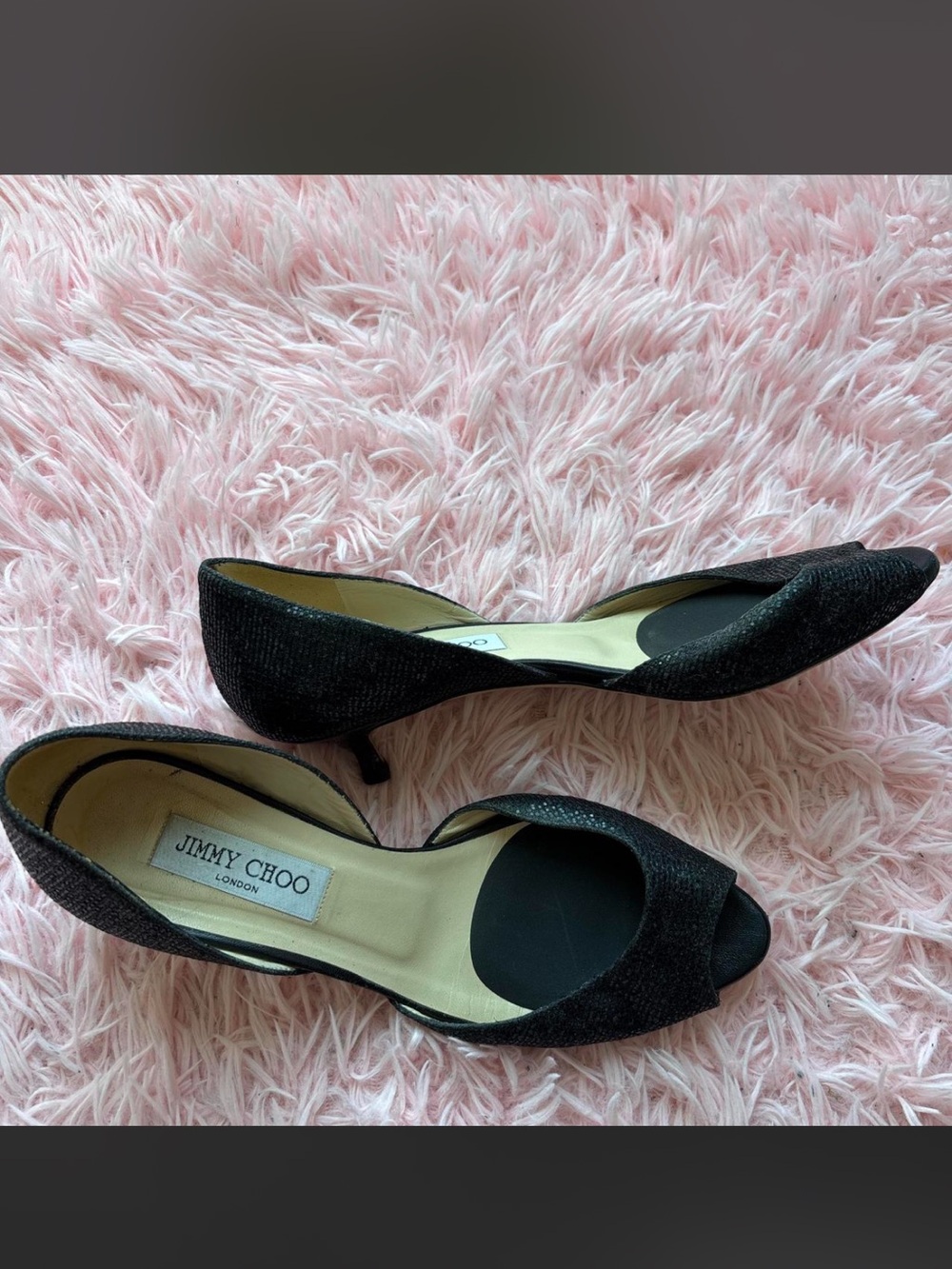 Authentic Jimmy Choo Black Glitter Peep-Toe D'Orsay Kitten Heels - 38.5 - Picture 3 of 5
